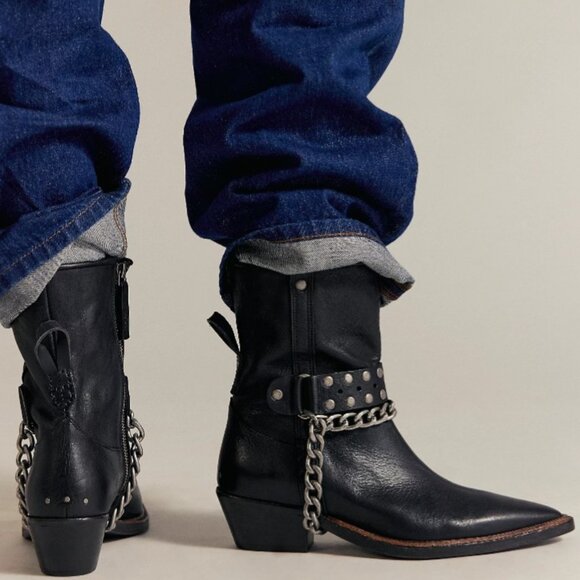 We The Free People Black Leather Aiden Chain Boots Size: 7.5 Brand New - Picture 12 of 13